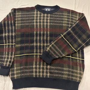 Vintage Woods & Gray Cotton Knit Sweater Mens 2XL Plaid Pullover 90s Grandpa